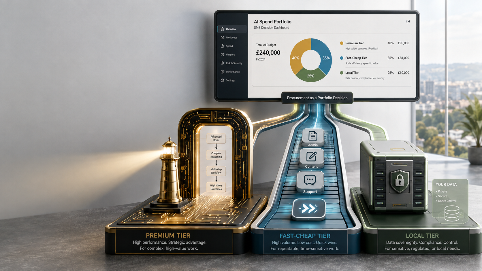 Editorial illustration of SME AI spend split across premium, fast-cheap, and local tiers with cost, control, and routing cues
