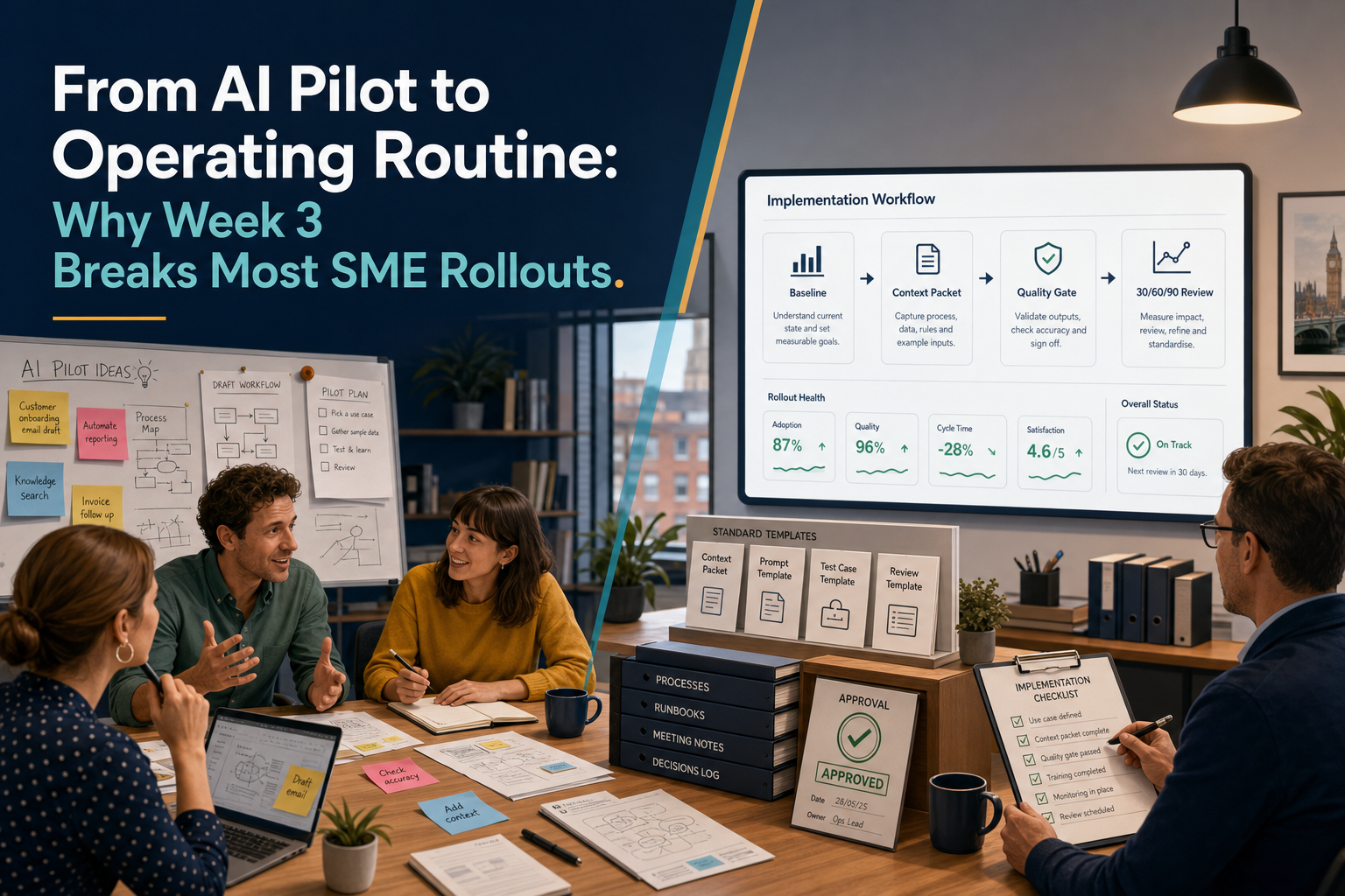 SME team moving from chaotic AI pilot activity to a structured operating workflow with governance checkpoints and performance metrics