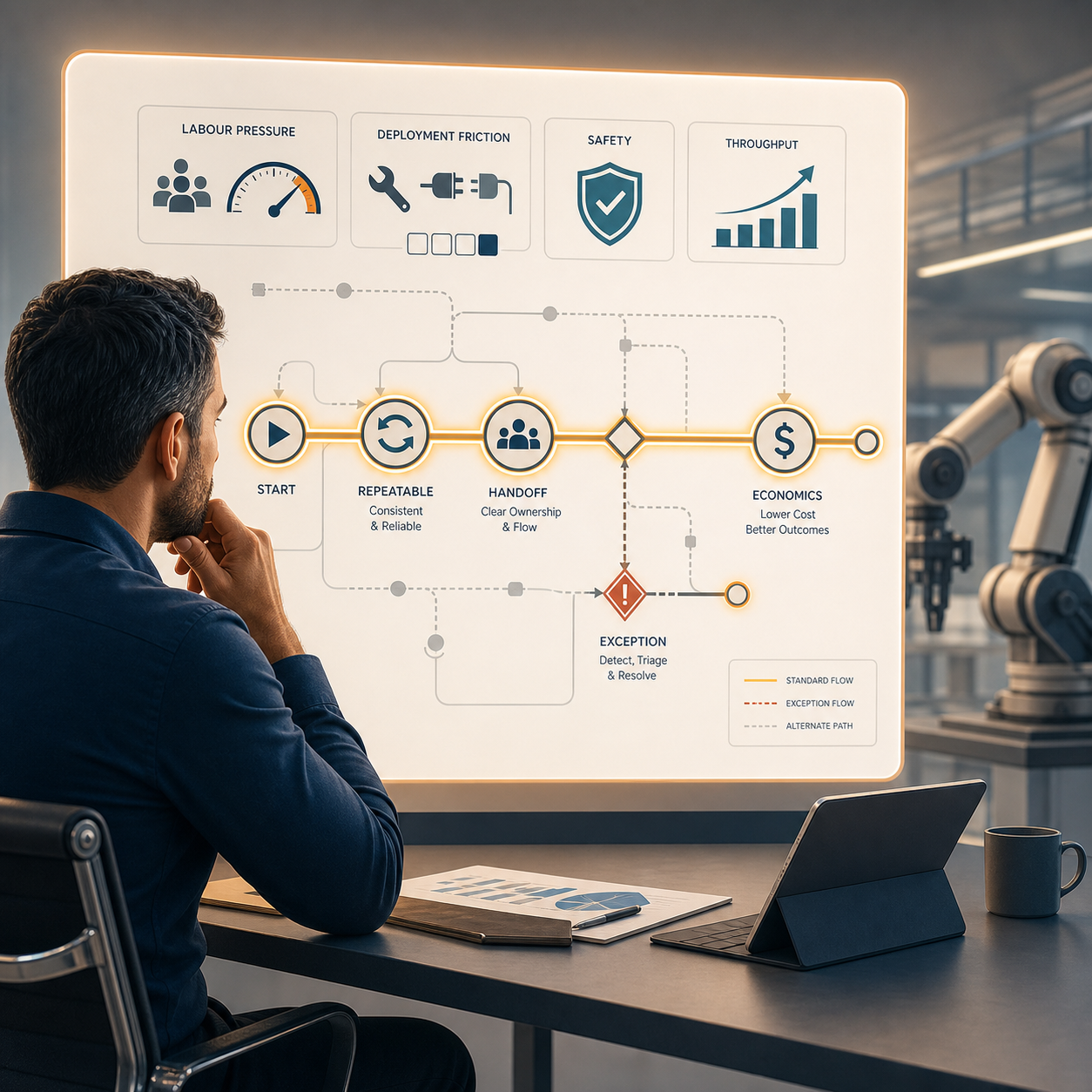 Editorial illustration of a robotics and automation decision framed by process economics, with repeated workflow steps and control cues