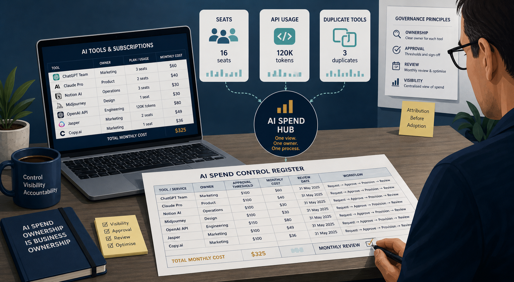 Editorial illustration of an SME team reviewing AI tools, ownership, approval thresholds, and spend controls across a simple register